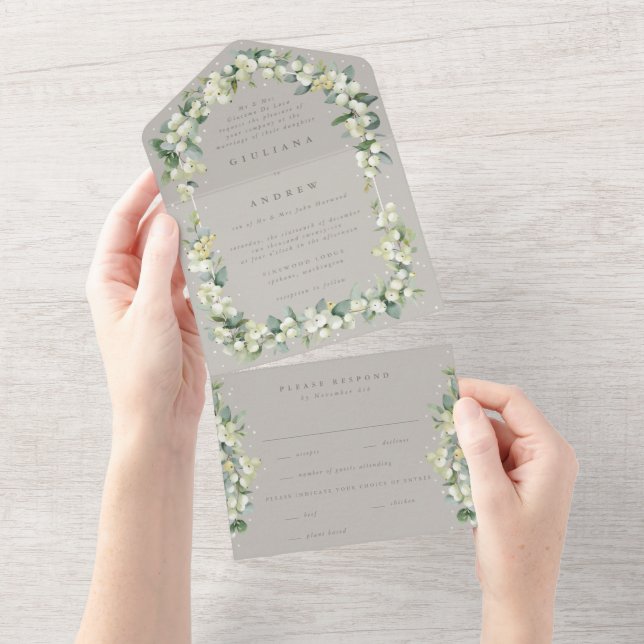 Formal Taupe/Greige Snowberry+Eucalyptus Wedding All In One Invitation (Tearaway)