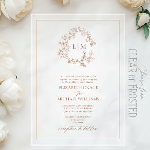 Formal Terracotta Leafy Crest Monogram Wedding Acrylic Invitations