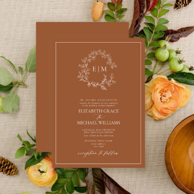 Formal Terracotta Leafy Crest Monogram Wedding Invitation (Creator Uploaded)