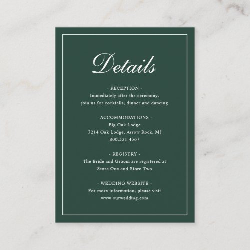 Formal Traditional Elegant Forest Green Wedding Enclosure Card