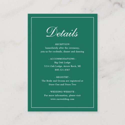Formal Traditional Emerald Green Elegant Wedding Enclosure Card