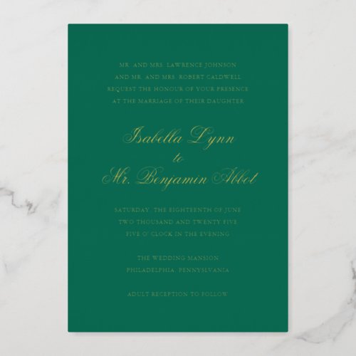 Formal Traditional Emerald Green Wedding Gold Foil Invitation