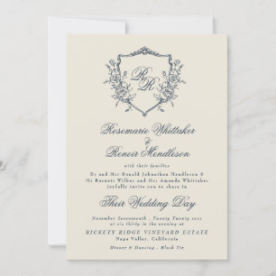 Formal Vintage Crest Cream & Navy Monogram Wedding Invitation