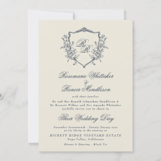 Formal Vintage Crest Cream & Navy Monogram Wedding Invitation