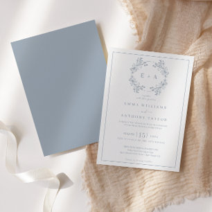 Formal Vintage Dusty Blue Monogram Wedding  Invitation