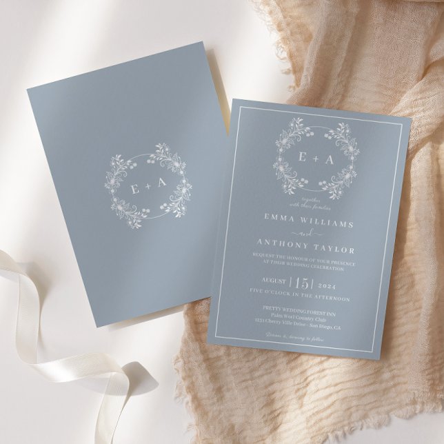 Formal Vintage Dusty Blue Monogram Wedding  Invitation (Creator Uploaded)
