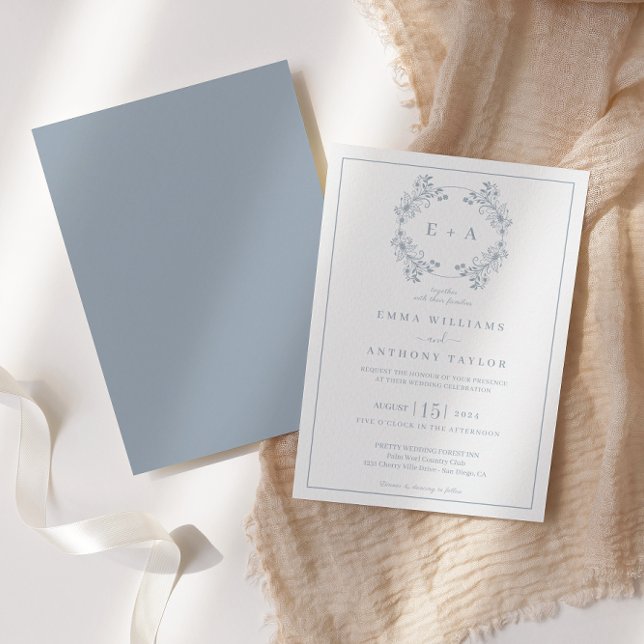 Formal Vintage Dusty Blue Monogram Wedding  Invitation (Creator Uploaded)