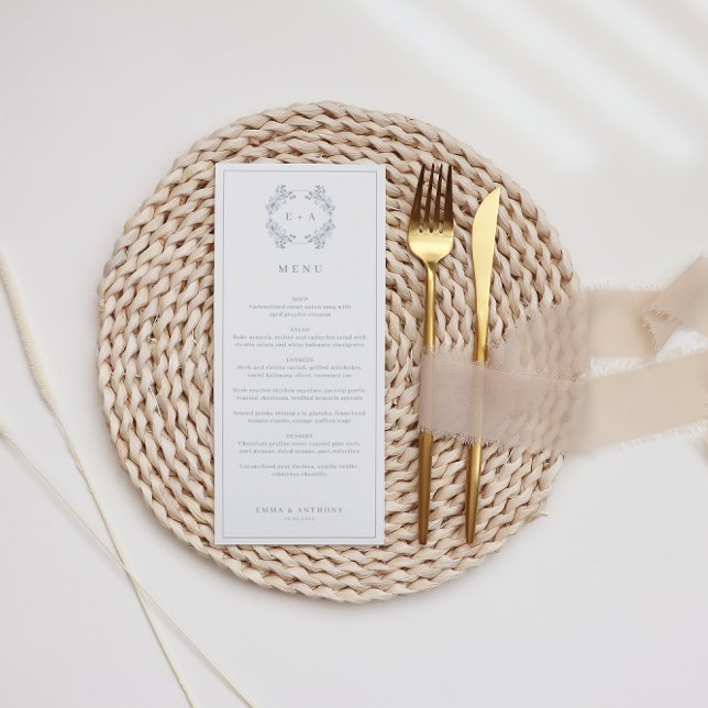 Formal Vintage Dusty Blue Monogram Wedding Menu (Creator Uploaded)