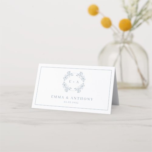 Formal Vintage Dusty Blue Monogram Wedding Place Card