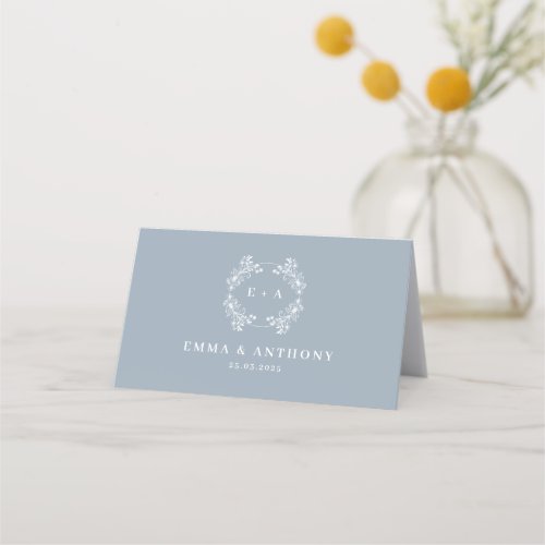 Formal Vintage Dusty Blue Monogram Wedding Place Card