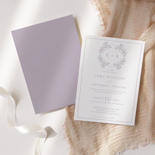 Formal Vintage Lavender Monogram Wedding  Invitation