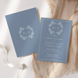 Formal Vintage periwinkle Monogram Wedding Invitation