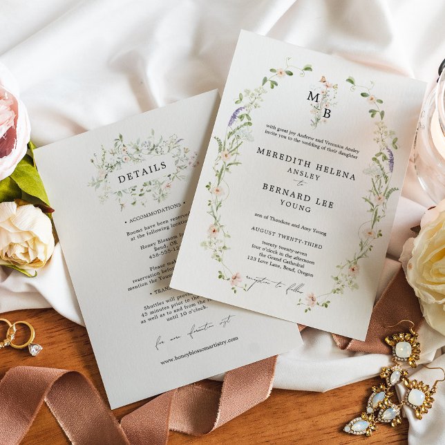 Formal Vintage Rustic Wedding Monogram Details  Invitation (Creator Uploaded)