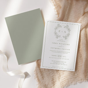 Formal Vintage Sage Green Monogram Wedding Invitation