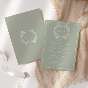 Formal Vintage Sage Green Monogram Wedding Invitation