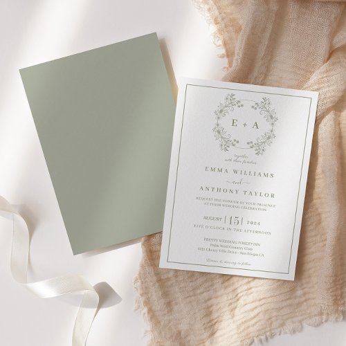 Formal Vintage Sage Green Monogram Wedding  Invitation