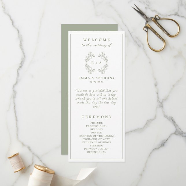 Formal Vintage Sage Green Monogram Wedding Program (Front/Back In Situ)