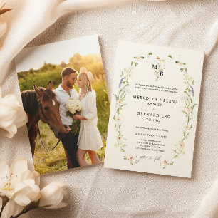 Formal Vintage Wildflower Monogram Wedding Photo Invitation