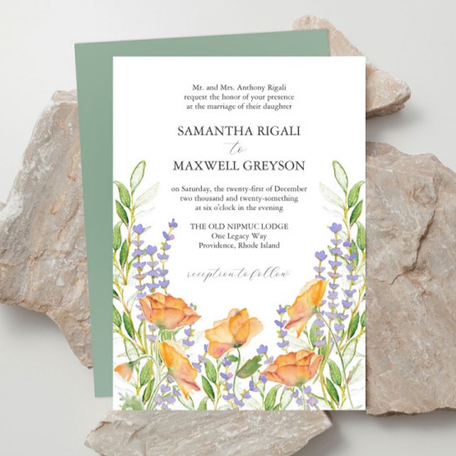 Formal Watercolor Flower Wedding Invitations (Fairytale wedding invitations package features watercolor orange and lavender florals)