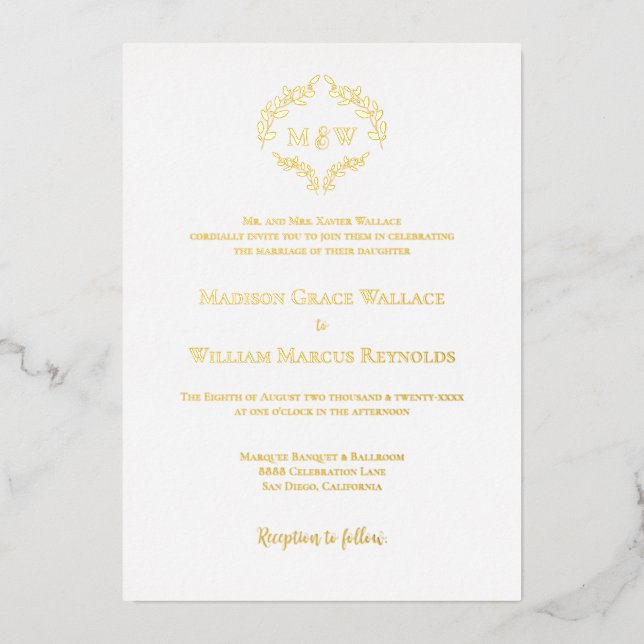 Formal Wedding Elegant Wreath Monogram Gold Foil  Foil Invitation (Front)