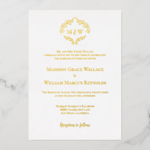 Formal Wedding Elegant Wreath Monogram Gold Foil Foil Invitation