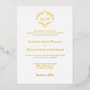 Formal Wedding Elegant Wreath Monogram Gold Foil  Invitation