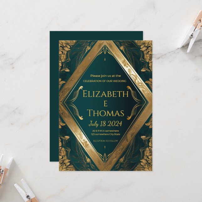 Formal wedding invitation Emerald green and Gold   (Front/Back In Situ)