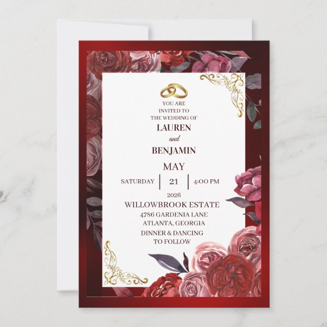 Formal wedding invitation in red and gold (Front)