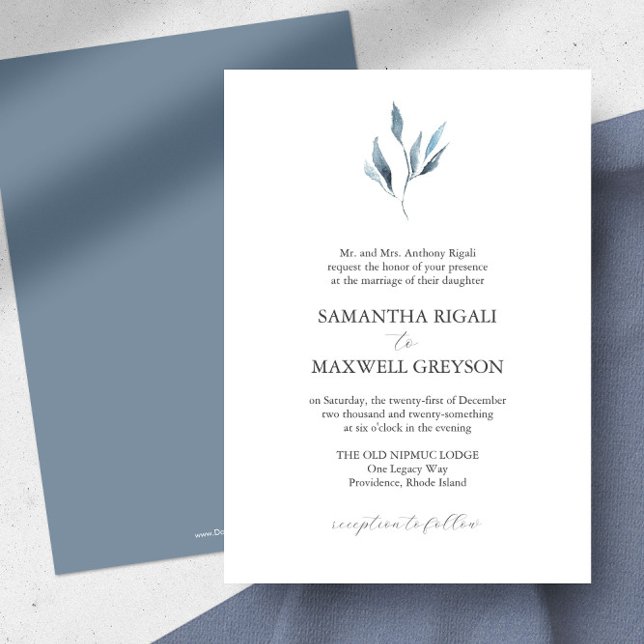 Formal Wedding Invitations Dusty Blue Botanicals (Dusty blue wedding invitations feature unique botanical watercolor art by Victoria Grigaliunas)