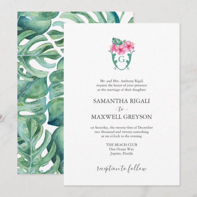 Formal Wedding Invitations Tropical Botanicals (Front/Back)