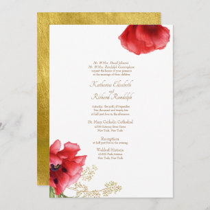Formal Wedding Red Floral & Metallic Gold  Invitation