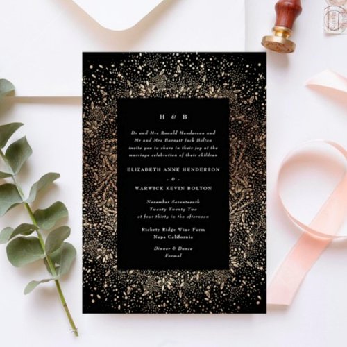 Formal Whimsical Hand Drawn Black and Gold Wedding Invitation