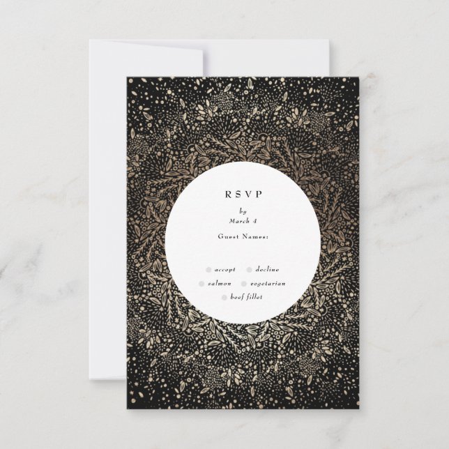Formal Whimsical Hand Drawn Black and Gold Wedding RSVP Card (Front)
