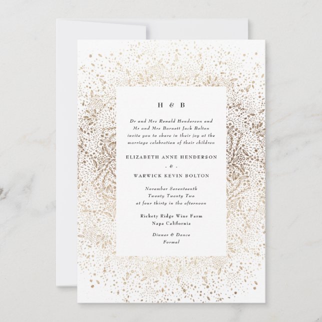 Formal Whimsical Hand Drawn White and Gold Wedding Invitation (Front)