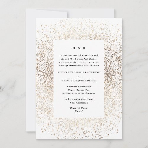 Formal Whimsical Hand Drawn White and Gold Wedding Invitation