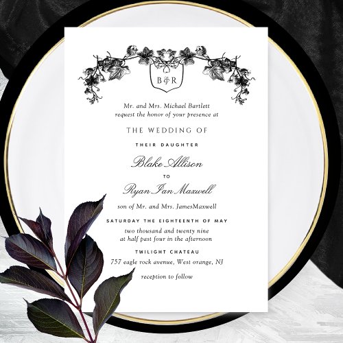 Formal White and Black Enchanting Monogram Wedding Invitation