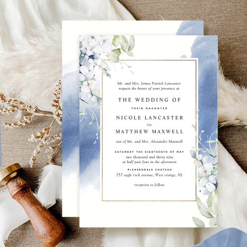 Formal White and Blue Floral Watercolor Wedding Invitation