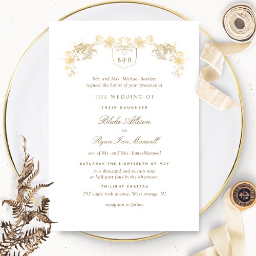 Formal White and Gold Enchanting Monogram Wedding Invitation