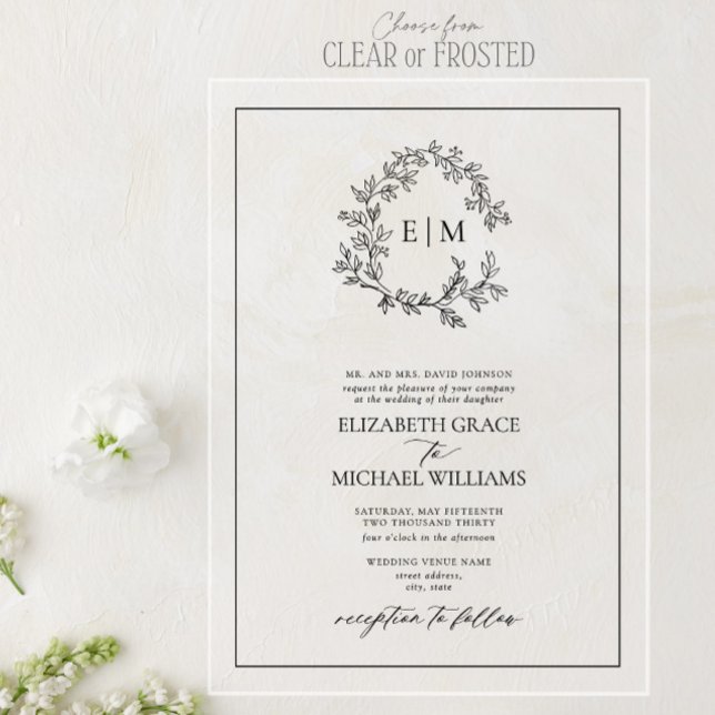 Formal White Black Leafy Crest Monogram Wedding Acrylic Invitations (Creator Uploaded)