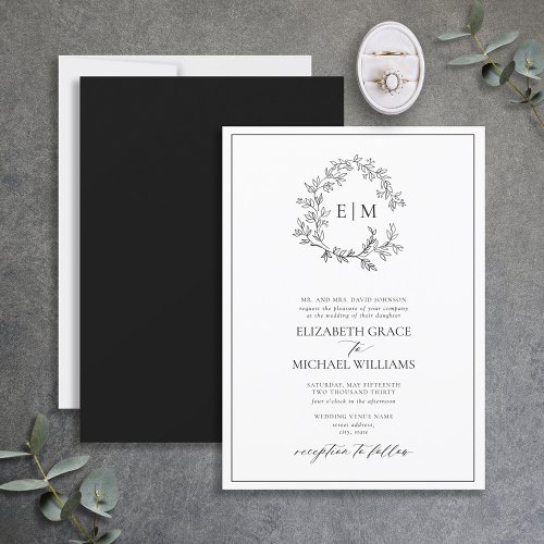 Formal White Black Leafy Crest Monogram Wedding Invitation