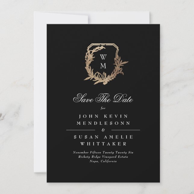 Formal White Black Monogram Gold Crest Photo Save The Date (Front)