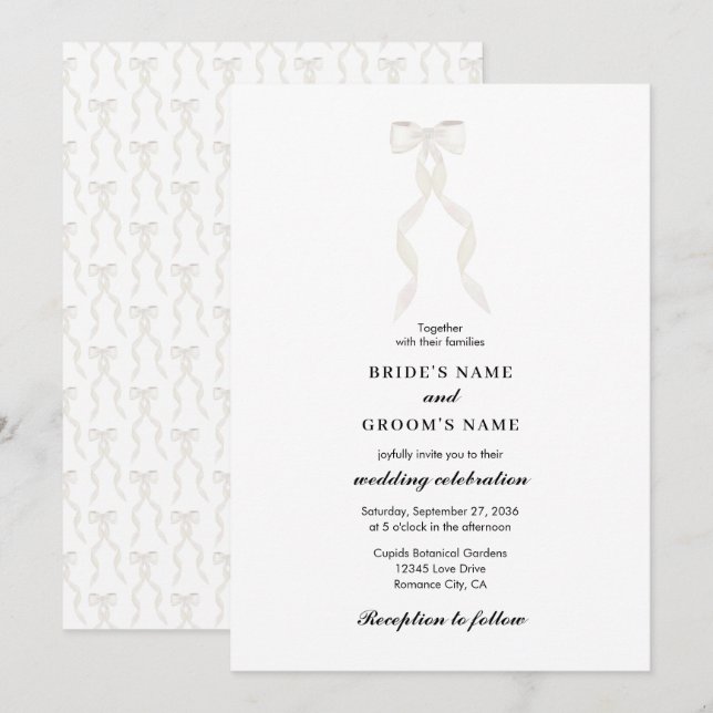 Formal White Bow Ribbon Elegant Wedding Invitation (Front/Back)
