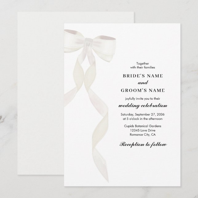 Formal White Bow Ribbon Elegant Wedding Invitation (Front/Back)