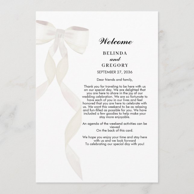 Formal White Bow Ribbon Elegant Wedding Itinerary Program (Front)