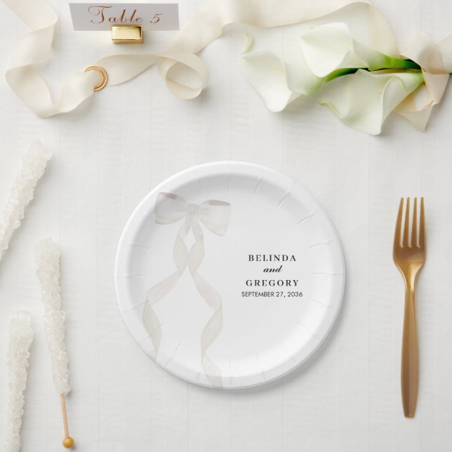 Formal White Bow Ribbon Elegant Wedding Paper Plates (Wedding)