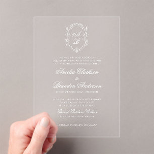 Formal White Floral Monogram Crest Wedding Acrylic Invitations