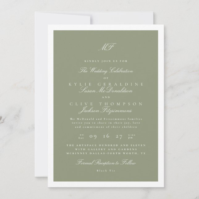 Formal White Framed Sage Classic Monogram Wedding Invitation (Front)