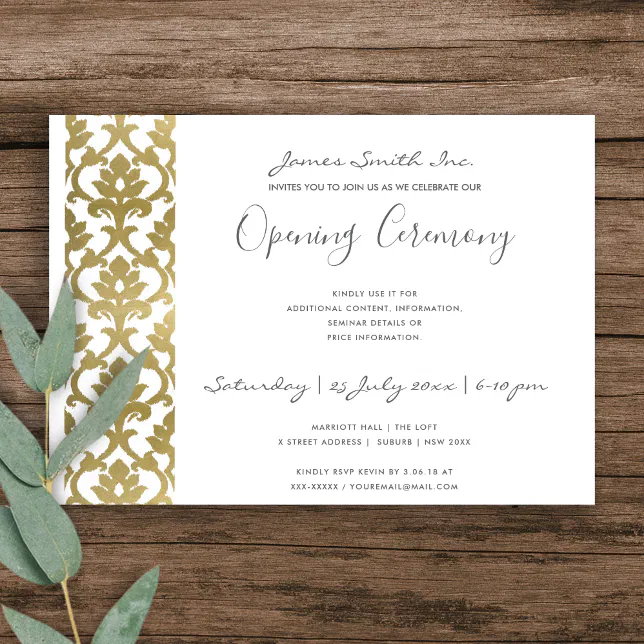 FORMAL WHITE GOLD DAMASK GRAND OPENING CEREMONY INVITATION | Zazzle