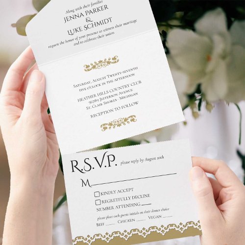 Formal White Gold Faux Laser Cut Edge Wedding All In One Invitation