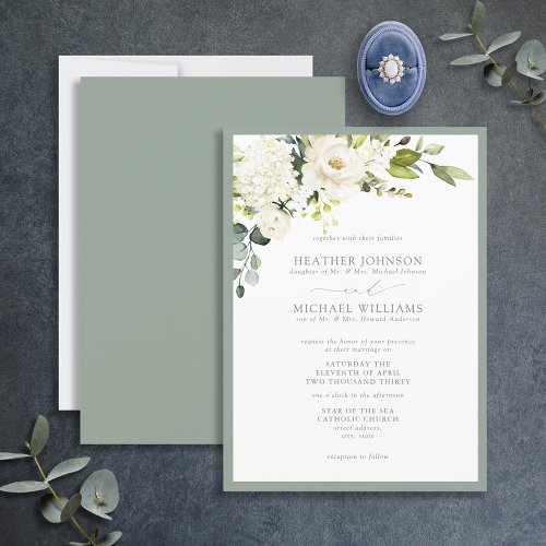 Formal White Gray Green Floral Watercolor Wedding Invitation